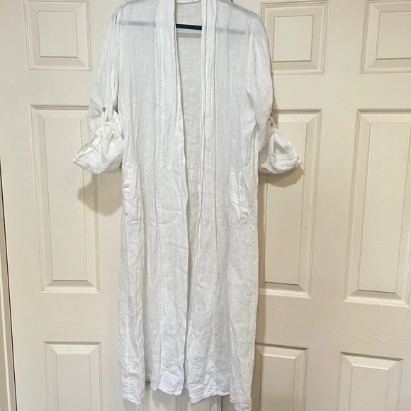Made in Italy linen white Open Long Cardigan Pocket Lagenlook Beach relaxed SZ M - Picture 2 of 15